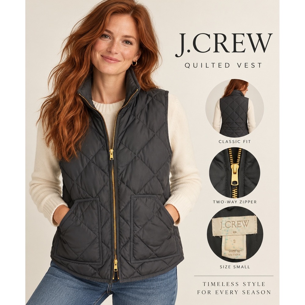 J.Crew Womens Quilted Down Puffer Vest Black Gold Zipper Size Small 92465